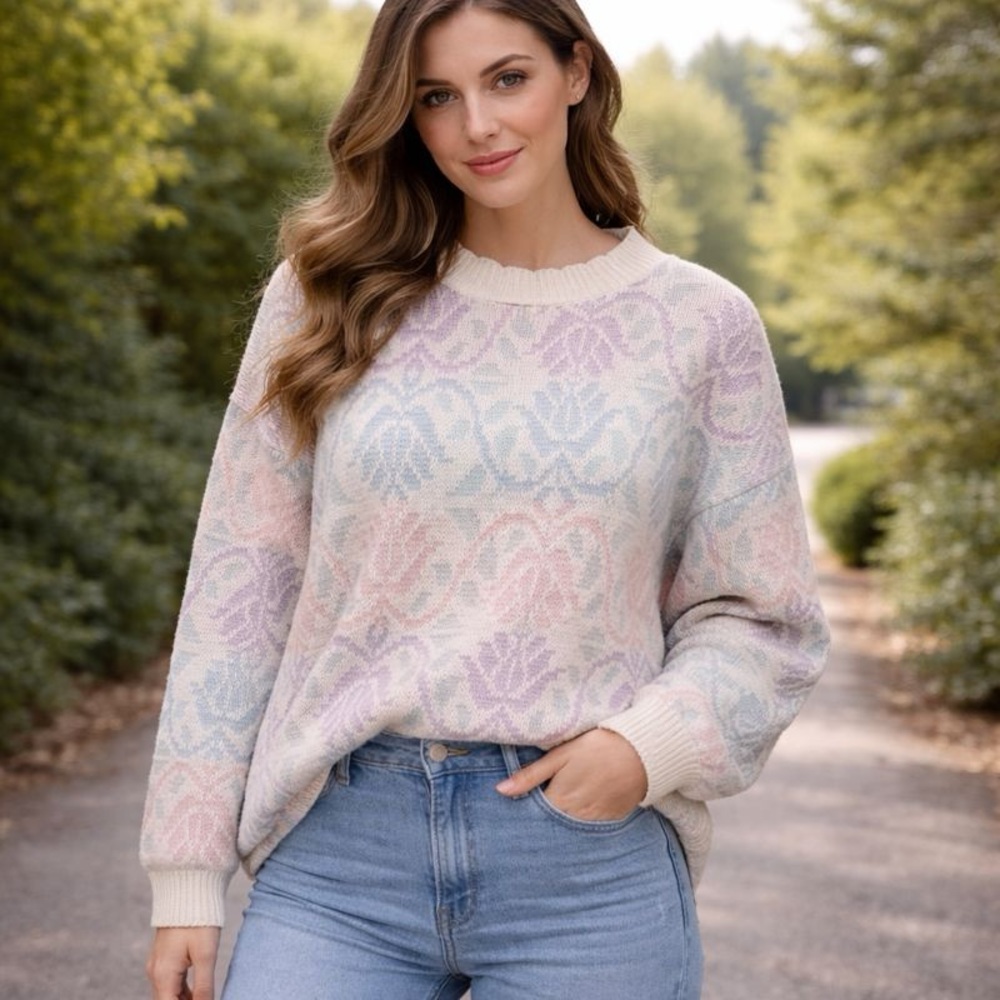 Vintage Classic Essentials Pastel Geometric Floral Sweater Size L/XL Preppy